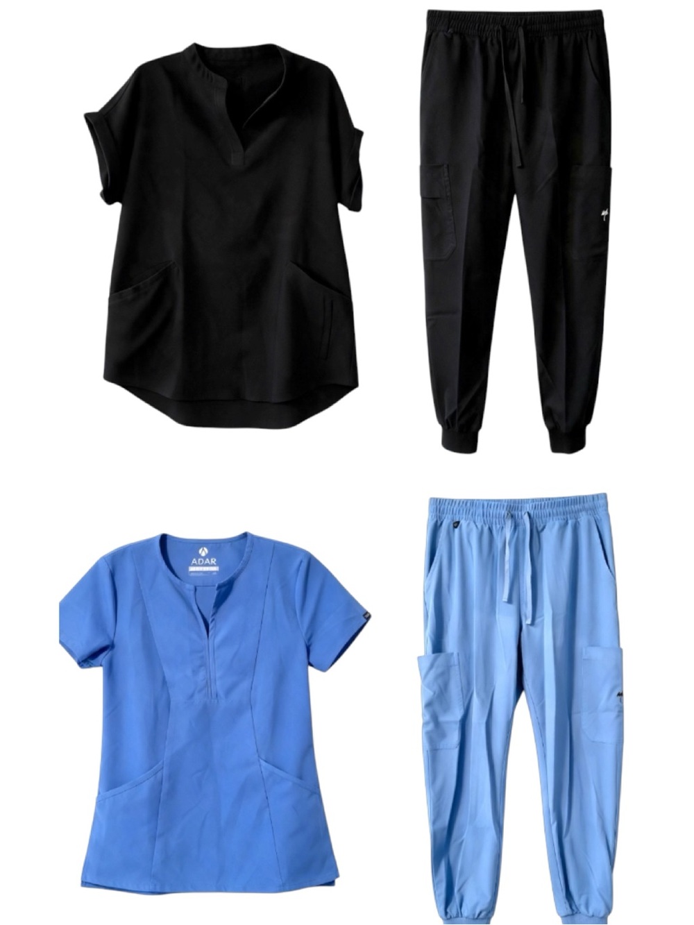 4pc Scrub Set Lot - Black & Light Blue Adar Top (XS) & MIM joggers (S)
